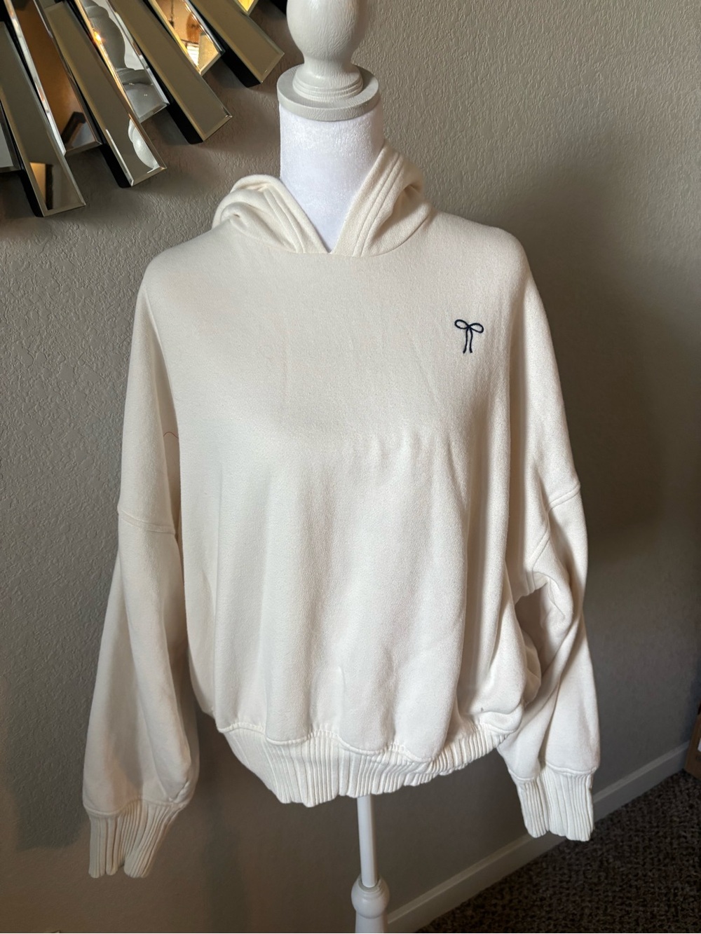 aerie Cream Hooded Crewneck Sweatshirt with Tiny Bow Embroidery